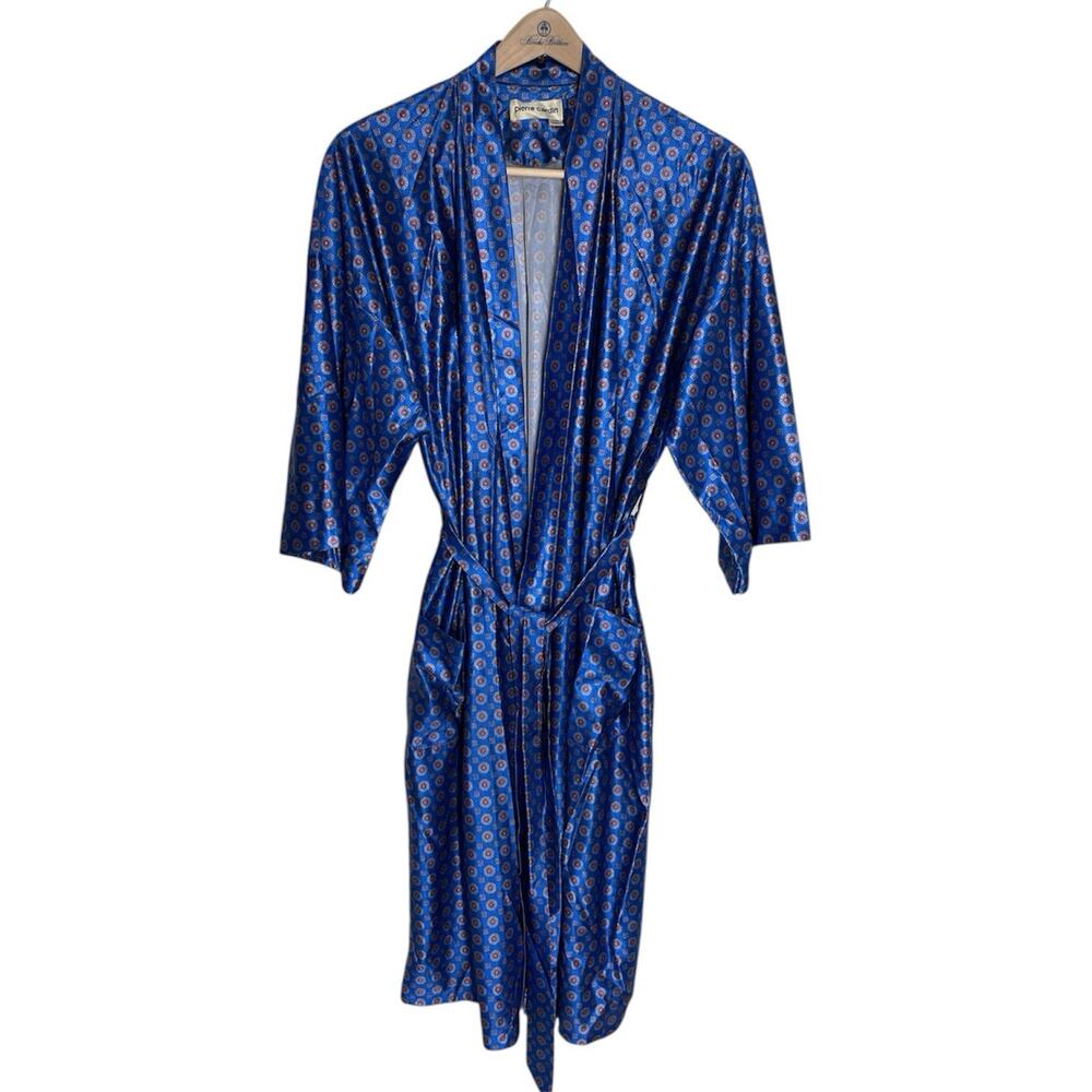 Vintage 80s 90s Pierre Cardin Blue Red Satin Printed Robe Smoking Jacket Belted